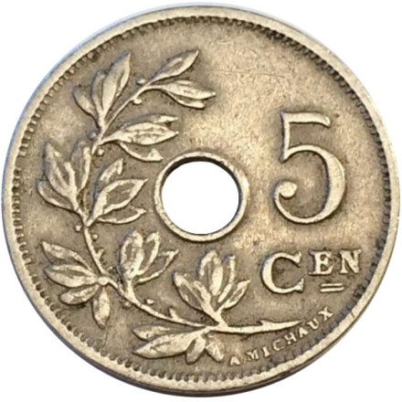 Монета 5 сантимов. 1921 год, Бельгия. (Belgie)