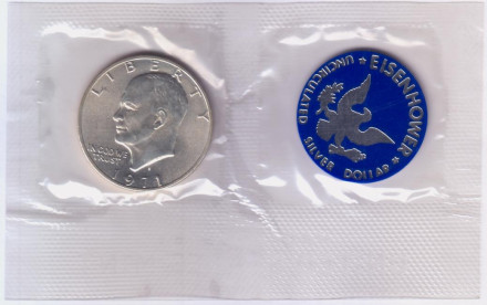 Монета 1 доллар, с жетоном. 1971 год (S), США. (в запайке). Дуайт Эйзенхауэр.