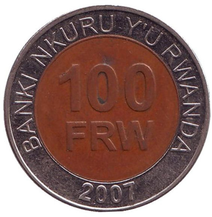 Монета 100 франков. 2007 год, Руанда. Из обращения.