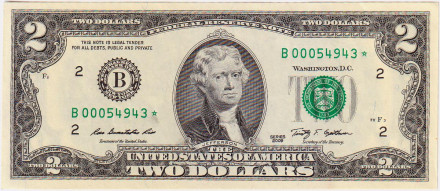 Банкнота 2 доллара. 2009 год, США. (Замещенная серия).
