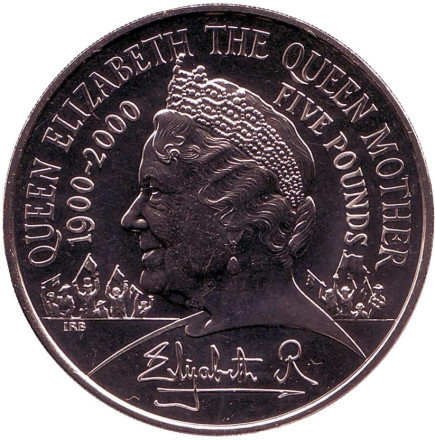 Монета 5 фунтов. 2000 год, Великобритания. 100 лет со дня рождения Королевы-матери.