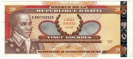 Банкнота 20 гурдов. 2001 год, Гаити. Тип 1.