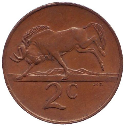 Монета 2 цента. 1987 год, Южная Африка. Белохвостый гну.