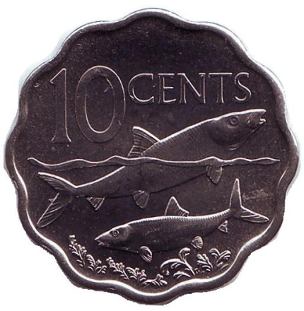 Монета 10 центов, 2007 год, Багамские острова. UNC. Рыбы.