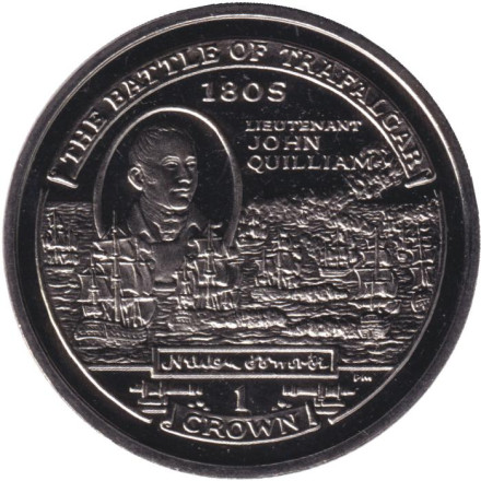 Монета 1 крона. 2004 год, Остров Мэн. 200 лет Трафальгарскому сражению. Лейтенант Джон Квиллиам.