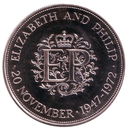 Монета 25 пенсов. 1972 год, Великобритания. Серебро. Proof. Королевская серебряная свадьба.