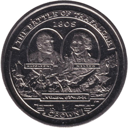 Монета 1 крона. 2005 год, Остров Мэн. 200 лет Трафальгарскому сражению. Наполеон и Нельсон.