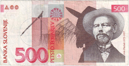 Банкнота 500 толаров. 1992 год, Словения. Йоже Плечник.