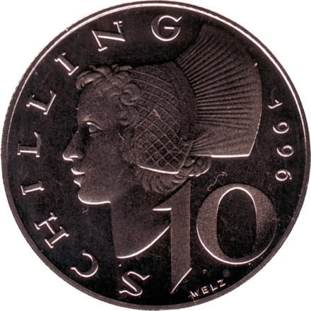 Монета 10 шилингов. 1996 год, Австрия. BU. Женщина из Вахау.