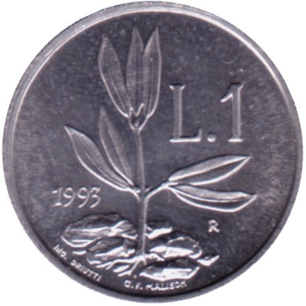 Монета 1 лира. 1993 год, Сан-Марино. Саженец оливы.
