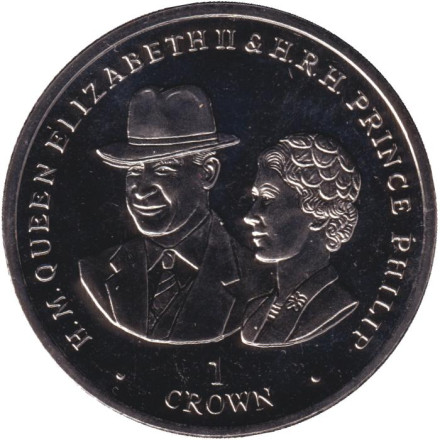 Монета 1 крона. 2017 год, Фолклендские острова. Королева Елизавета II и Принц Филипп на Гудвудских гонках в 1954 году.