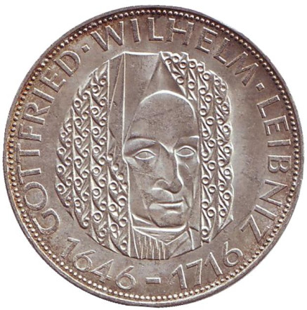 Монета 5 марок. 1966 год, ФРГ. 250 лет со дня смерти Готфрида Вильгельма Лейбница.