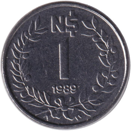 Монета 1 новый песо. 1989 год, Уругвай.