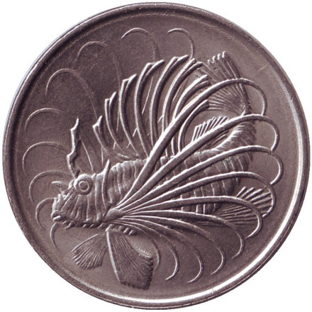 Монета 50 центов. 1980 год, Сингапур. Рыба-лев.