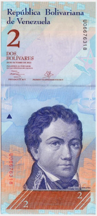 Банкнота 2 боливара 2013 год, Венесуэла.