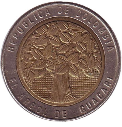 Монета 500 песо. 2006 год, Колумбия. Из обращения. Цветущее дерево гуакари.