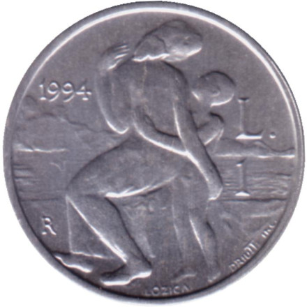 Монета 1 лира. 1994 год, Сан-Марино. Мать и дитя.
