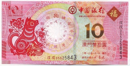 Банкнота 10 патак. 2018 год, Макао. Банк Китая. Год собаки.