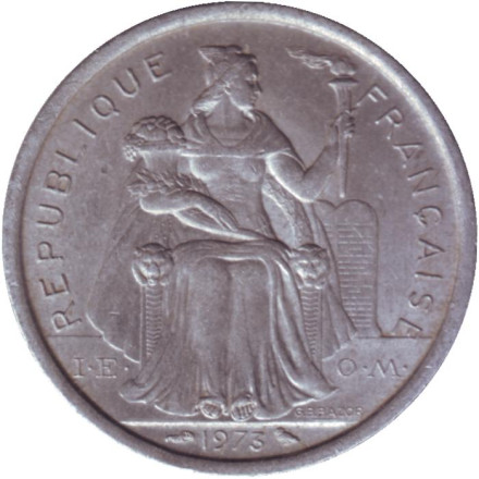Монета 2 франка. 1973 год, Французская Полинезия.