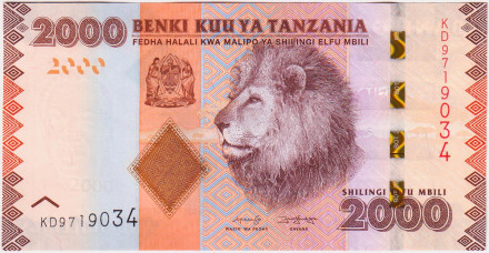 Банкнота 2000 шиллингов. 2020 год, Танзания. Лев. P-42.