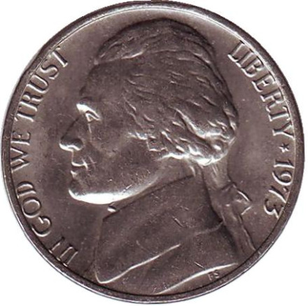 Монета 5 центов. 1973 год, США. Джефферсон. Монтичелло.