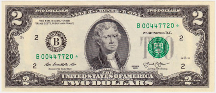 Банкнота 2 доллара. 2013 год, США. (Замещенная серия).