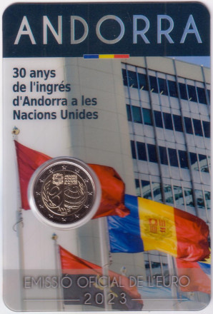 Монета 2 евро. 2023 год, Андорра. 30 лет вступлению Андорры в ООН.