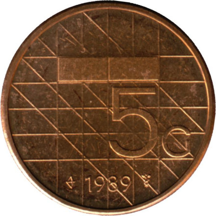 Монета 5 гульденов. 1989 год, Нидерланды. UNC.