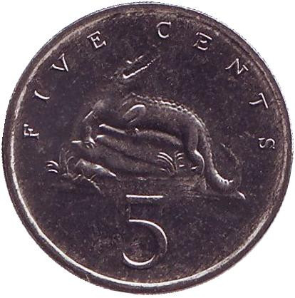 Монета 5 центов. 1992 год, Ямайка. Острорылый крокодил.