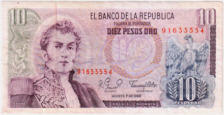 Банкнота 10 песо. 1980 год, Колумбия. P-407g.