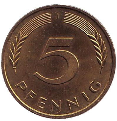 Монета 5 пфеннигов. 1991 год (J), ФРГ. Дубовые листья.