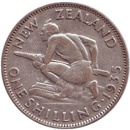 Монета 1 шиллинг. 1935 год, Новая Зеландия. Воин Маори.