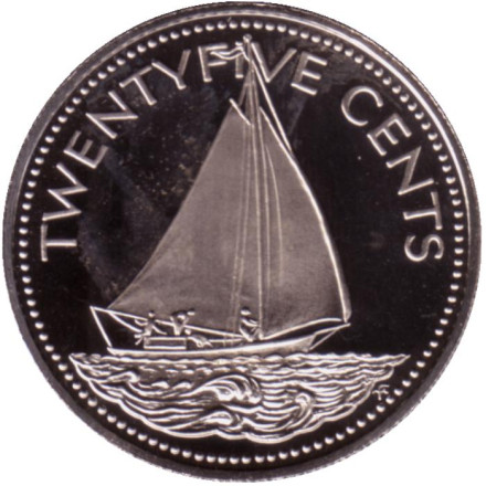 Монета 25 центов. 1974 год, Багамские острова. Proof. Парусник.