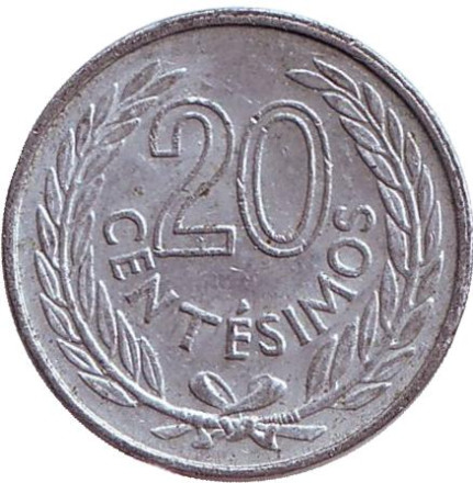Монета 20 сентесимо. 1965 год, Уругвай.