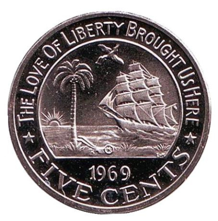 Монета 5 центов. 1969 год, Либерия. Proof. Слон. Корабль.