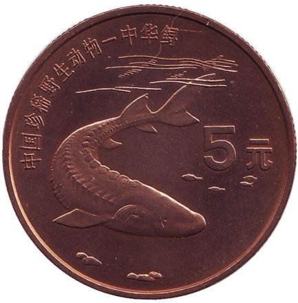 Монета 5 юаней. 1999 год, Китай. Осетр. Серия "Красная книга".