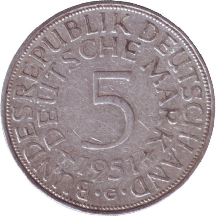 Монета 5 марок. 1951 год (G), ФРГ.