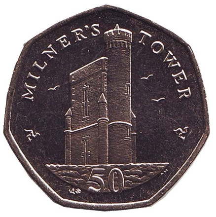 Монета 50 пенсов. 2007 год, Остров Мэн. (Отметка "AB") Башня Милнера.