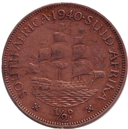 Монета 1/2 пенни, 1940 год, Южная Африка. Корабль "Дромедарис".