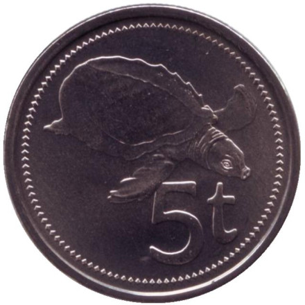 Монета 5 тойа, 2010 год, Папуа-Новая Гвинея. Свиноносая черепаха.
