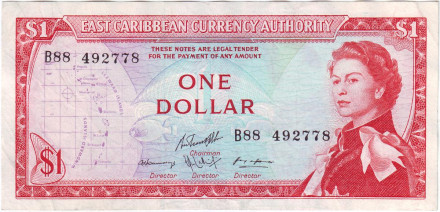 Банкнота 1 доллар. 1965 год, Восточно-Карибские государства.