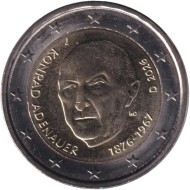 Монета 2 евро. 2026 год (J), Германия. Конрад Аденауэр. Монета 2 евро. 2026 год (J), Германия. Конрад Аденауэр.