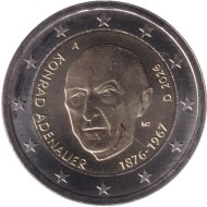 Монета 2 евро. 2026 год (A), Германия. Конрад Аденауэр. Монета 2 евро. 2026 год (A), Германия. Конрад Аденауэр.