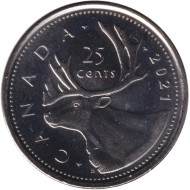 Монета 25 центов. 2021 год, Канада. Канадский олень (Карибу). Монета 25 центов. 2021 год, Канада. Канадский олень (Карибу).
